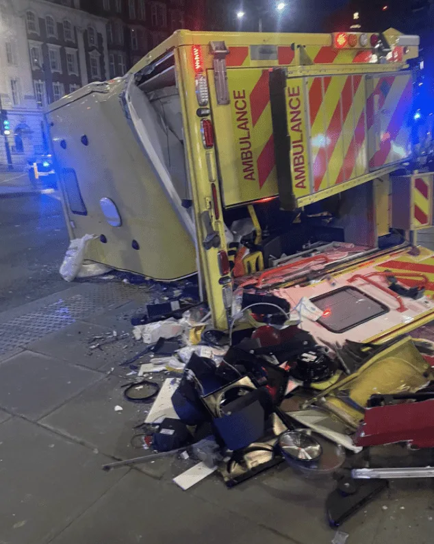 London Ambulance rolls after collision with a double-decker bus on Baker Street in North West London