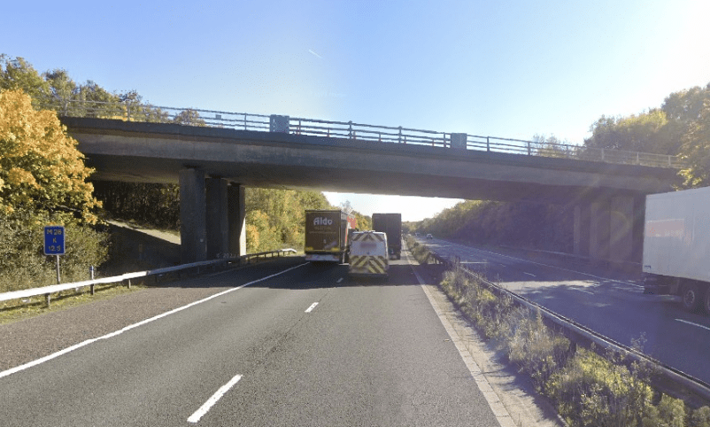 Dashcam footage is sought by officers after a car was struck by an object thrown from a bridge above the M26 motorway