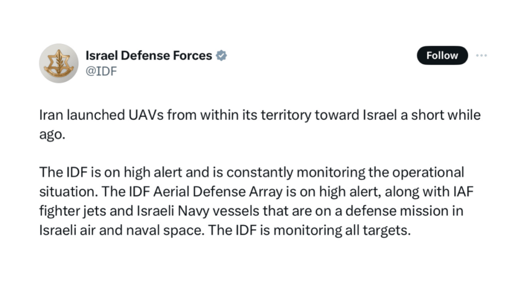 Major Drone Attack on Israel Launched by Iran, IDF Responds
