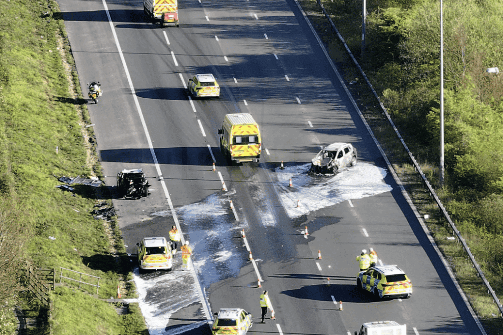 Serious Multi-Vehicle Crash and Vehicle Fire Shuts Down M2 Eastbound Near Rochester Airport  in Kent – UKNIP