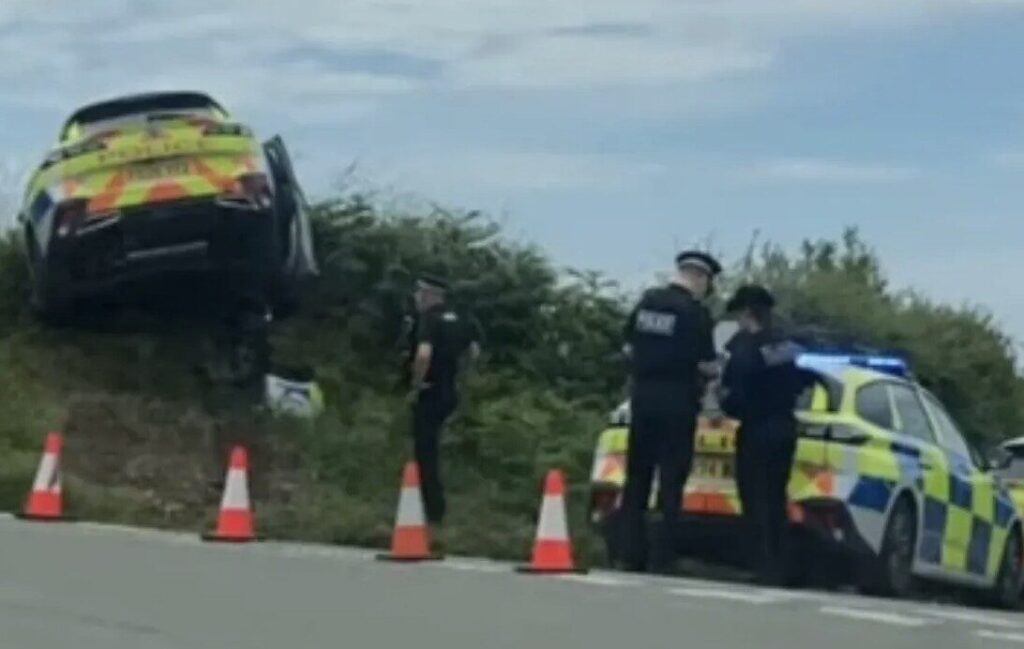 Police Car Ends Up on Hedge After Bizarre Crash in South Devon