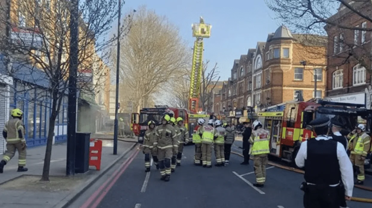 Ten fire engines and around 70 firefighters tackled a fire at a takeaway restaurant with flats above on London Road in Norbury yesterday