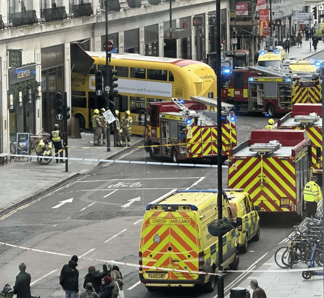 London Bus Ploughs into New Oxford Street Building â€“ Emergency Services Rush in, Roads Closed