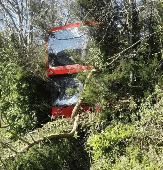 Electric Double-Decker Bus Crashes Into Woods Near Biggin Hill Airport â€“ No One Trapped, Road Still Closed