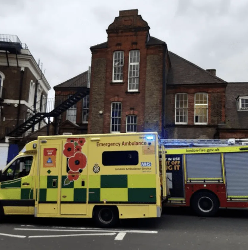Three fire engines and around 20 firefighters were called to a ceiling collapse at a school in Thurlow Park Road in Dulwich this morning