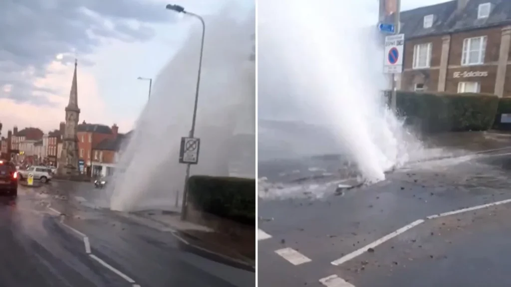 Burst Water Main Closes Road Near Banbury Cross Statue Amid Heatwave