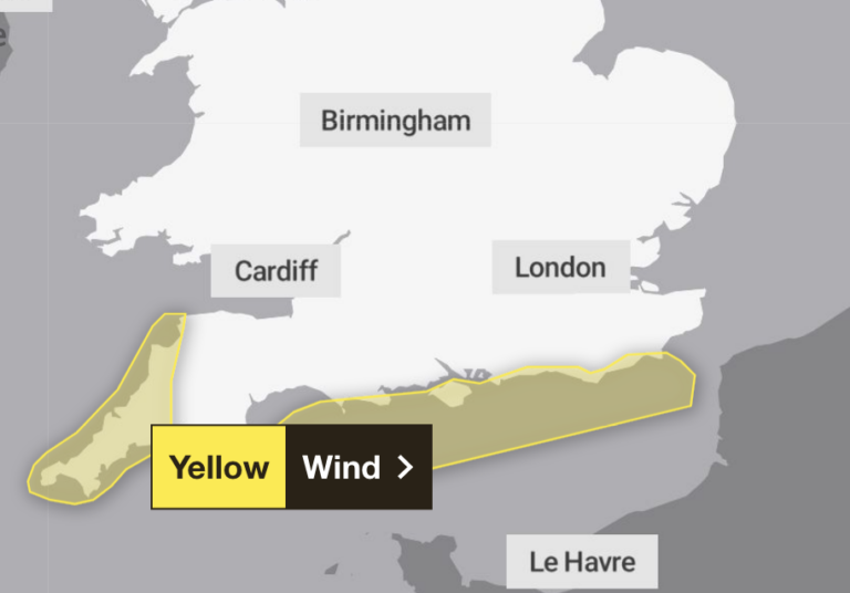Yellow Wind Warning Issued for South West and South East England Today