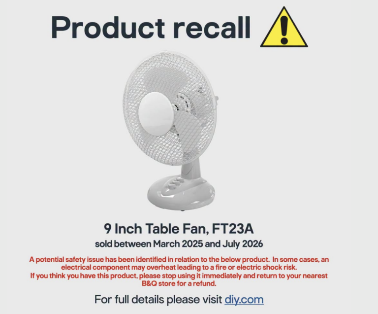 B&Q Urges Customers to Stop Using Table Fan Immediately Over Fire and Electric Shock Risk