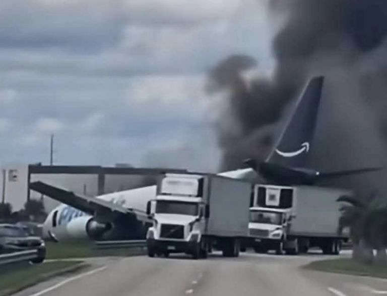 Amazon Prime Air Boeing 767 overshoots runway at Miami International Airport as black smoke seen from aircraft