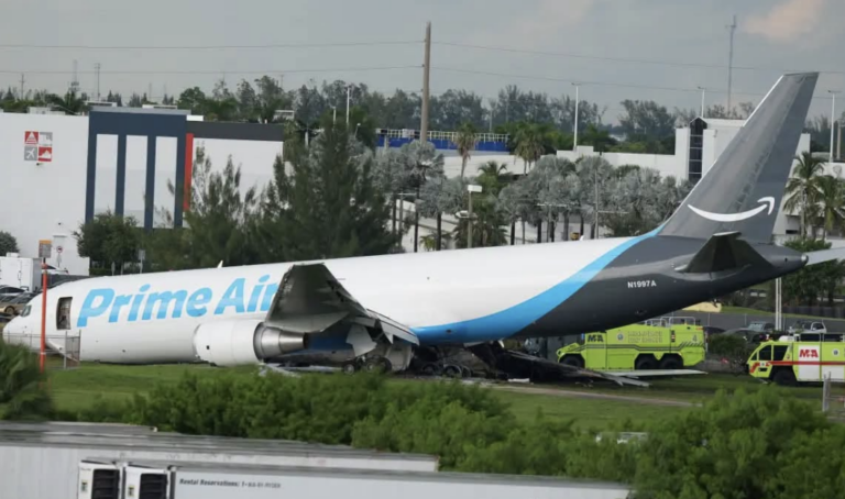 Five dead and five injured after Amazon Prime Air cargo plane overruns Miami runway and bursts into flames