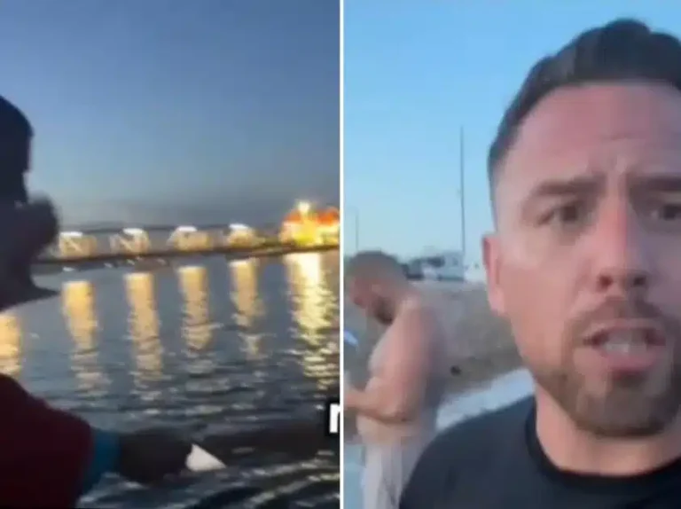 Tommy Robinson ally Danny Tommo vomits during tense Portsmouth migrant protest before wading into sea